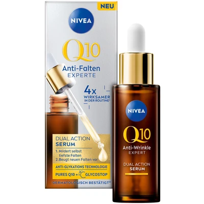 Abbildung von NIVEA Anti Age Serum, Falten Serum mit Q10 mildert und beugt ihrer Neuentstehung vor, straffendes Gesichtsserum Glycostop, Experte Dual Action (30 ml)