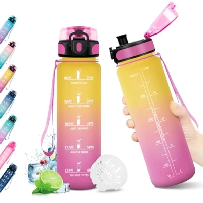Abbildung von Trinkflasche Kinder 500ml, mit Zeitmarkierung und Filter, Auslaufsicher Wasserflasche Kohlensäure Geeignet für Fahrrad, Schule, Maedchen, Sport