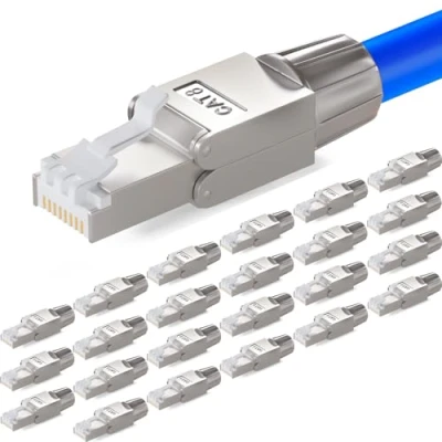Abbildung von HB DIGITAL 24x CAT 8 RJ45 Stecker Netzwerkstecker für starre LAN Kabel Verlegekabel Ethernet werkzeuglos LSA 40 Gbit/s AWG 22 26 vollgeschirmt STP 50μ vergoldete Kontakte