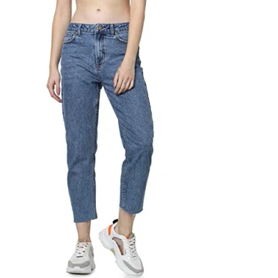 Abbildung von Damen Stretch MOM Jeans Gerade ONLEMILY High Waist Hose Raw Design Roher Saum Denim Straight Pants, Farben:Blau, Größe:25W / 32L