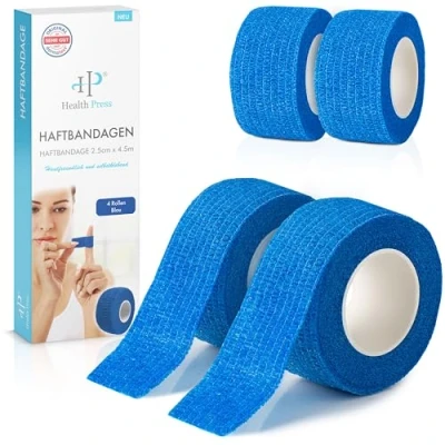 Abbildung von Fingerpflaster Selbsthaftend 4x Pflaster Rolle Blau (2,5cm x 4,5m) Verband Selbstklebend Elastisches Tape wasserfest Staub , Fett und Schmutzabweisendes Pflasterband