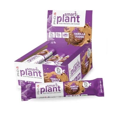 Abbildung von PhD Nutrition Smart Plant Protein Riegel Vegan, Vanille Karamell 12 x 64g High Snack mit 20g Eiweiß und wenig Zucker, Makrofreundlicher Eiweißriegel