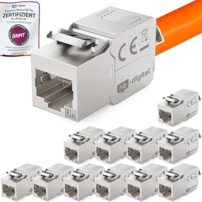 Abbildung von hb digital 12x CAT 6a Keystone Modul Jack GHMT zertifiziertes RJ45 Buchse STP 500MHz 10Gbit/s LSA werkzeuglos Kupplung Netzwerk Einbaubuchse für Patchpanel Ethernet LAN Verlegekabel
