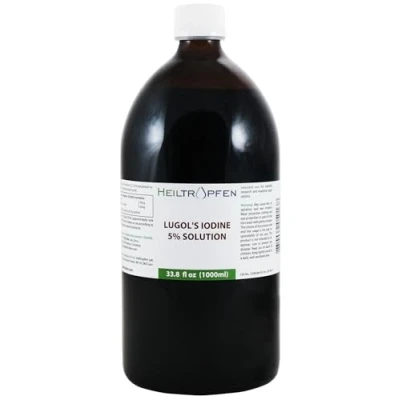 Abbildung von 5% Lugolsche Jodlösung 1000 ml 15% Lugols liquid Formulierung 5 Prozent elementares Jod und 10% Kaliumjodid Inhaltsstoffe in pharmazeutischer Qualität Heiltropfen®