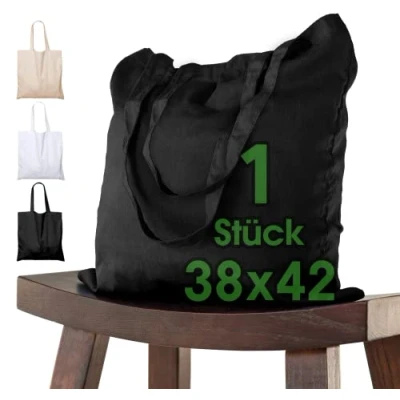 Abbildung von Baumwolltasche 38 x 42 cm SCHWARZ unbedruckt lange Henkel Stofftasche Tragetasche Umhängebeutel Baumwollbeutel Jutebeutel ÖKO TEX® Stoffbeutel Einkaufsbeutel Einkaufstasche leinentasche BREMER Händler