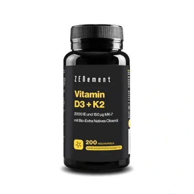 Abbildung von Vitamin D3 + K2, Cholecalciferol (2000 IE) &amp; MK 7 (150 μg), 200 Kapseln mit Bio Extra Natives Olivenöl Knochen, Muskeln und Immunsystem Laborgeprüft, 100% natürliche Zutaten Zenement