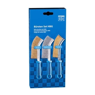 Abbildung von PFERD Handbürsten Set HBG 3 teilig mit je 1x Handbürste Besatzmaterial Stahldraht (vermessingt), Edelstahldraht und Messingdraht Durchmesser Drahtbesatz: 0,30 mm 43900005