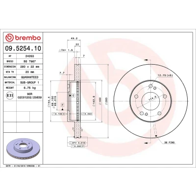 Abbildung von BREMBO 09.5254.10 Bremsscheibe 280 22 5 innenbelüftet NISSAN: Maxima 2, IV QX Saloon