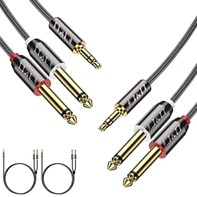 Abbildung von J&amp;D 3,5 mm (1/8 Zoll) TRS Männlich auf 2X 6,35 (1/4 TS Mono Kabel Splitter mit Zink Legierung Gehäuse Nylon Braid für Laptop/Heimkino Geräte/Verstärker und Meisten Telefon, 2 Pack