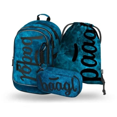 Abbildung von Baagl Schulrucksack Set Jungen 3 Teilig, Schultasche für Grundschule Volksschule, Ranzen mit Brustgurt, Ergonomischer Schulranzen (Ocean)