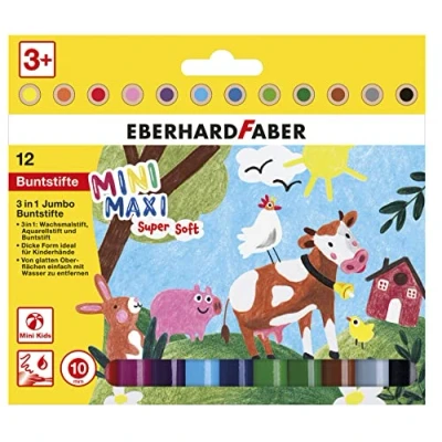 Abbildung von Eberhard Faber 518912 Jumbo Buntstifte 3in1 mit Wachsmalstift, Aquarellstift und Buntstift, Mini Maxi, 12 Malstifte