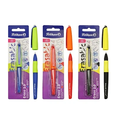 Abbildung von Pelikan Erase 2.0 Ergonomischer radierbarer Tintenroller, Tinte Schwarz, Rot und Blau, für Rechts Linkshänder, die Schule, nachfüllbar, 3 Stück