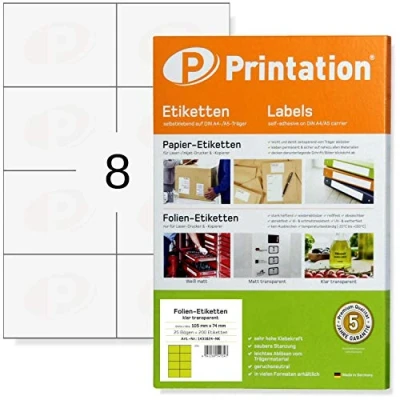 Abbildung von Printation Folien Etiketten 105 x 74 mm kristallklar transparent 25 Blatt 2x4 8 Sticker glasklar pro A4 Bogen 200 Aufkleber bedruckbar 105x74 durchsichtig selbstklebend f. Laser Drucker