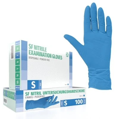 Abbildung von SF Medical Products GmbH Einweghandschuhe S Blau 100 Stück Box Einmalhandschuhe puderfrei Nitrilhandschuhe unsteril Gummihandschuhe Nitril Handschuhe