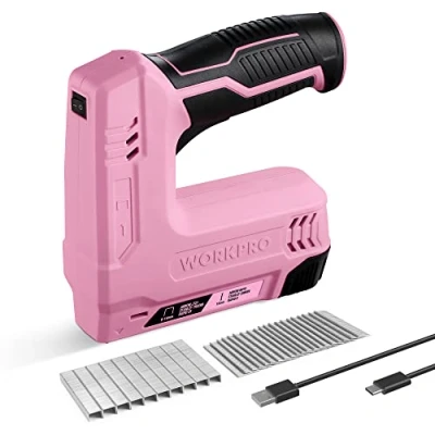 Abbildung von WORKPRO Kabelloser Hefter, 3,6 V, 2000 mAh, mit Heftklammern, 2 in 1 Multifunktions kompatibel Nägeln und Heftklammern Typ 53, 8 für DIY Projekte Möbeln, Tischlerei (Rosa)