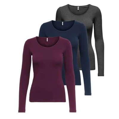 Abbildung von ONLY Damen Onllive Love Life LS Oneck Top, 3er Pack, Peacoat/DGM/Port Royale, S