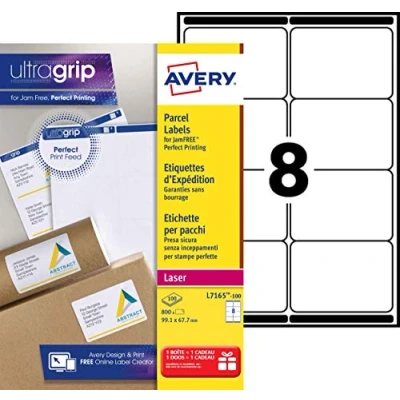 Abbildung von AVERY Zweckform L7165 100 Versandetiketten/Versandaufkleber (800 Etiketten mit ultragrip, 99,1x67,7mm auf A4, bedruckbar, selbstklebend, für DIN B4/C4 Umschläge und Versandrollen) Blatt, weiß