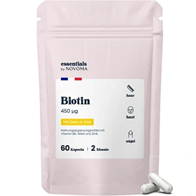 Abbildung von Biotin Hochdosiert mit Zink &amp; Selen, 60 Kapseln (2 Monate), Für Haarwachstum, Haut und Nägel, Haar Vitamine, Essentials by Novoma