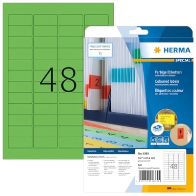 Abbildung von HERMA 4369 Farbige Etiketten grün ablösbar, 20 Blatt, 45,7 x 21,2 mm, 48 pro A4 Bogen, 960 Stück, selbstklebend, bedruckbar, matt, blanko Papier Farbetiketten Aufkleber