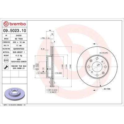 Abbildung von BREMBO 09.5023.10 Bremsscheibe 242 19 4 innenbelüftet mit Schrauben HONDA: CIVIC Stufenheck, CRX 2, Hatchback