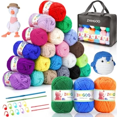 Abbildung von ZHHGOO Acrylwolle Set,24 Farben Wolle Set,40g Baumwollgarn,Baumwolle mit 2 Häkelnadeln, Stricken für Anfänger Set zur Herstellung von Haustierkleidung,Handtüchern,Hüten,Handschuhen