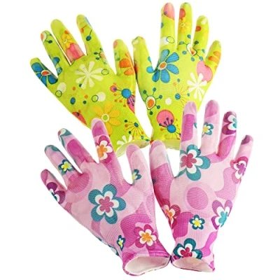 Abbildung von com four® 2er Set Premium Handschuhe Garten und Arbeit für Damen Blumenmotiv, aus Latex, Antirutschbeschichtung, Größe S (02 Paar lila/grün S)