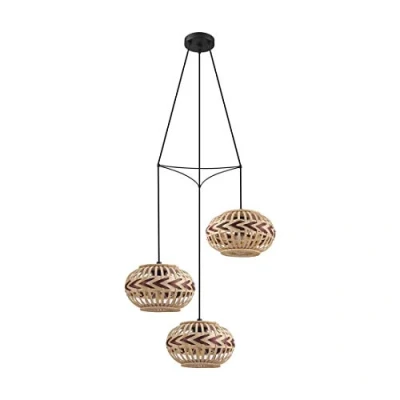Abbildung von EGLO Pendelleuchte Dondarrion, 3 flammige Hängelampe Vintage, Skandinavisch, Boho, Hängeleuchte aus Stahl, Holz, Esstischlampe, Wohnzimmerlampe hängend in Schwarz, Natur, Weinrot, E27 Fassung, Ø 57 cm