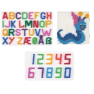 Abbildung von Happy Price Toys (Set 70) Hama Midi Stiftplatten Buchstaben,Zahlen und Multi Quadrat + Bügelanleitung im Blister Beutel