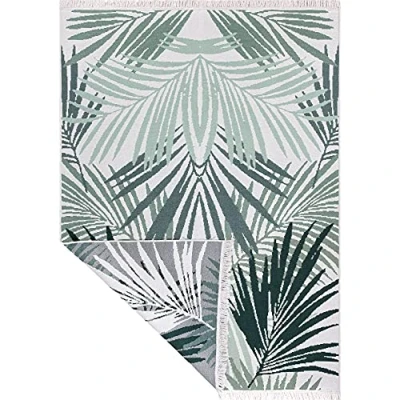 Abbildung von Fashion4Home Teppich Kurzflor Boho Kelim Teppich, Wohnzimmerteppich, Schlafzimmer und Küchenteppich, Läufer, Flur Kinderzimmerteppich Palm Grün Weiß, Grüße: 140x200 cm