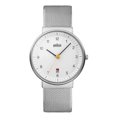Abbildung von Braun Mens 3 Hand with Date Analogue Quartz Watch, White Dial and Steel Milanese Mesh Strap, 40mm Stainless Case, Model BN0032WHSLMHG.