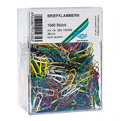 Abbildung von Wedo 900100099 Büroklammer (aus Metall 26 mm, lackiert, in Klarsichtdose) 1000 Stück, farbig sortiert