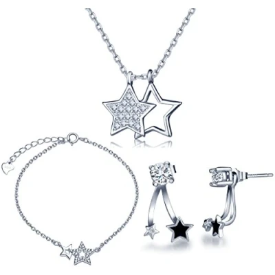 Abbildung von Yumilok 925 Sterling Silber Zirkonia Sterne Halskette Charm Armband Armkette Ohrstecker Schmuck Set Kette mit Anhänger Ohrringe Jackets für Damen Mädchen