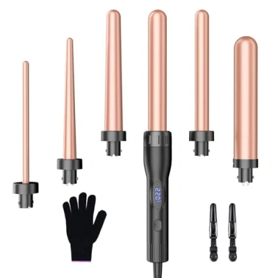 Abbildung von Lockenstab Große und Kleine Locken Set Mit einstellbarer Temperatur 6 in 1 Verschiedenen Aufsätzen Antistatische Keramik Turmalin Beschichtung Welleneisen für Beach Waves