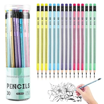 Abbildung von Magrimaxio 30 Stück HB Bleistifte, Holzbleistifte Set, Bleistift mit Radiergummi, Bleistifte Kinder Rutschfest, Dreikant Mehrfarbig, Graphitstift für Schreibhilfe von Schule Büro