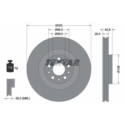 Abbildung von TEXTAR 92237600 Bremsscheibe 305 28 05/10 98 innenbelüftet ohne Radbefestigungsbolzen, Radnabe FIAT: Doblo II Box Body / Estate