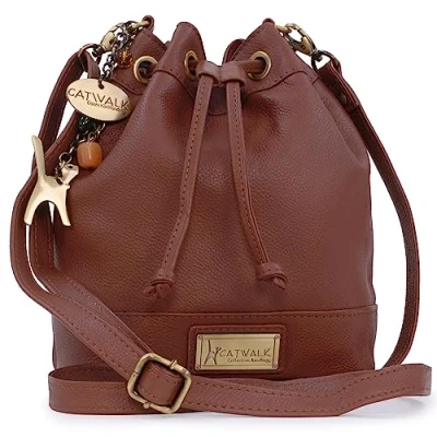 Abbildung von Catwalk Collection Handbags Damen Leder Umhängetasche Mittelgroß Beuteltasche/Handtasche Verstellbarer Schultergurt ROCHELLE Hellbraun