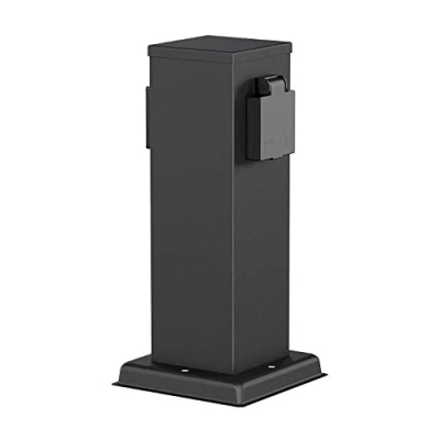 Abbildung von ledscom.de Garten Steckdosensäule POLLY für außen, IP44, 2 fach, Edelstahl, schwarz, eckig, 27 cm, Außensteckdose, Gartensteckdose, Steckdosenturm, Außensteckerdose, Energiesäule