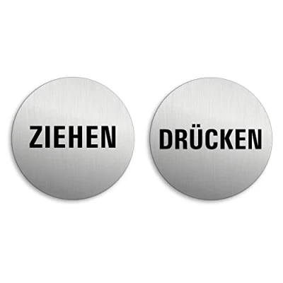 Abbildung von Türschilder Ziehen Drücken Ø 75 mm 2er Set Aluminium Schilder Edelstahloptik Nr.6709 K