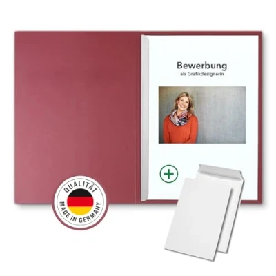 Abbildung von 10 Stück 2 teilige Bewerbungsmappen Bordeaux mit 1 Klemmschiene in feinster Lederstruktur inkl. Versandumschläge Weiß GRATIS hochwertige Prägung &quot;BEWERBUNG&quot;