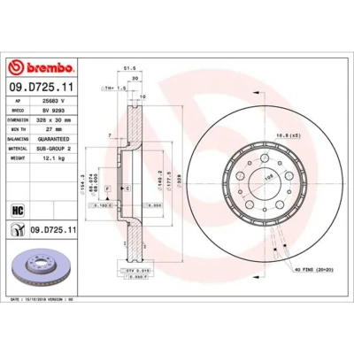 Abbildung von BREMBO 09.D725.11 Bremsscheibe 328 30 5 innenbelüftet beschichtet hochgekohlt VOLVO: XC90 I