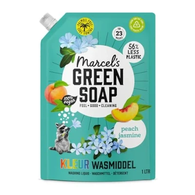 Abbildung von Marcel&#039;s Green Soap Farbe Waschmittel Nachfüllpackung Pfirsich &amp; Jasmin Waschflüssigkeit Frei von Palmöl Mikroplastik 100% Umweltfreundlich Vegan 95% Biologisch abbaubar 1 L