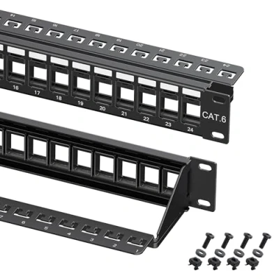 Abbildung von Cable Matters Rackmount oder Wandmontage 1U 24 Port Keystone PatchPanel mit Kabelmanagement und Stützleiste (Blank 19 zoll für Jacks/Keystone Panel)