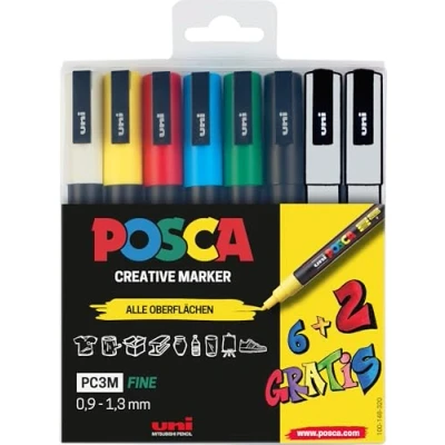 Abbildung von Faber Castell uni ball 186825 POSCA Marker Set, 8er Etui Acrylstifte PC 3M, 0.9 1.3 mm, 6 Standardfarben + 2 wechselnde Sonderfarben