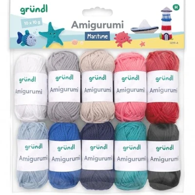 Abbildung von Gründl Wolle Amigurumi Set Mini Knäuel zum Häkeln von kleinen Figuren Häkelset aus 100% Baumwolle Baumwollgarn 10 x g / 23 m Maritim