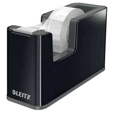 Abbildung von Leitz Klebeband Tischabroller, Fester Stand, Klebebandabroller Inkl. Klebeband, Schwarz/Grau, Duo Farbe, 53640095