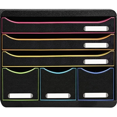 Abbildung von Exacompta 306914D Ablagebox Harlekin Querformat mit 6 Schubladen für DIN A+ Dokumente. Belastbare Schubladenbox hoher Kapazität mehr Platz Store Box Blauer Engel SchwarzBunt