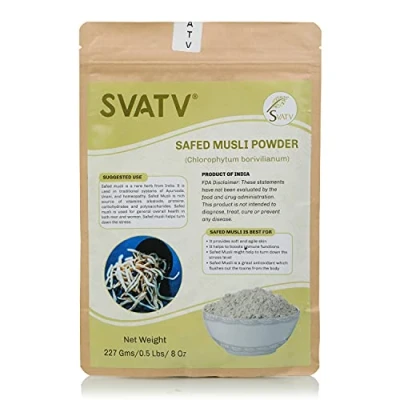 Abbildung von SVATV Herbal Safed Müslipulver Chlorphytum Borivillianum Weiche und bewegliche Haut Stärkt die Immunfunktion Reich an Antioxidantien 227 g, 0,5 Pfund, 8 Unzen