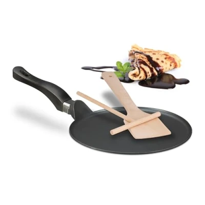 Abbildung von Relaxdays Crêpepfanne mit Teigverteiler &amp; Holzspatel, induktionsgeeignet, Aluminium, Pfannkuchenpfanne, Ø 25 cm, schwarz