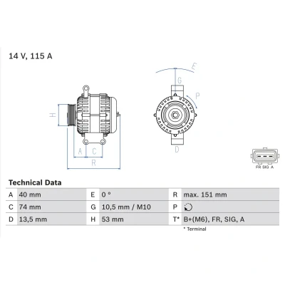 Abbildung von BOSCH 0 986 049 460 Lichtmaschine 14V 115A FORD: MONDEO 3, Focus 2, 3 Stufenheck, JAGUAR: X Type Estate