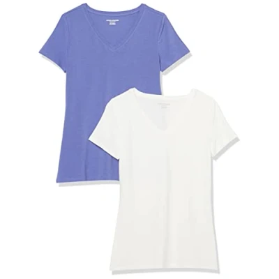 Abbildung von Amazon Essentials Damen Kurzärmeliges T Shirt mit V Ausschnitt, Klassischer Schnitt, 2er Pack, Lila Blau/Weiß, XXL